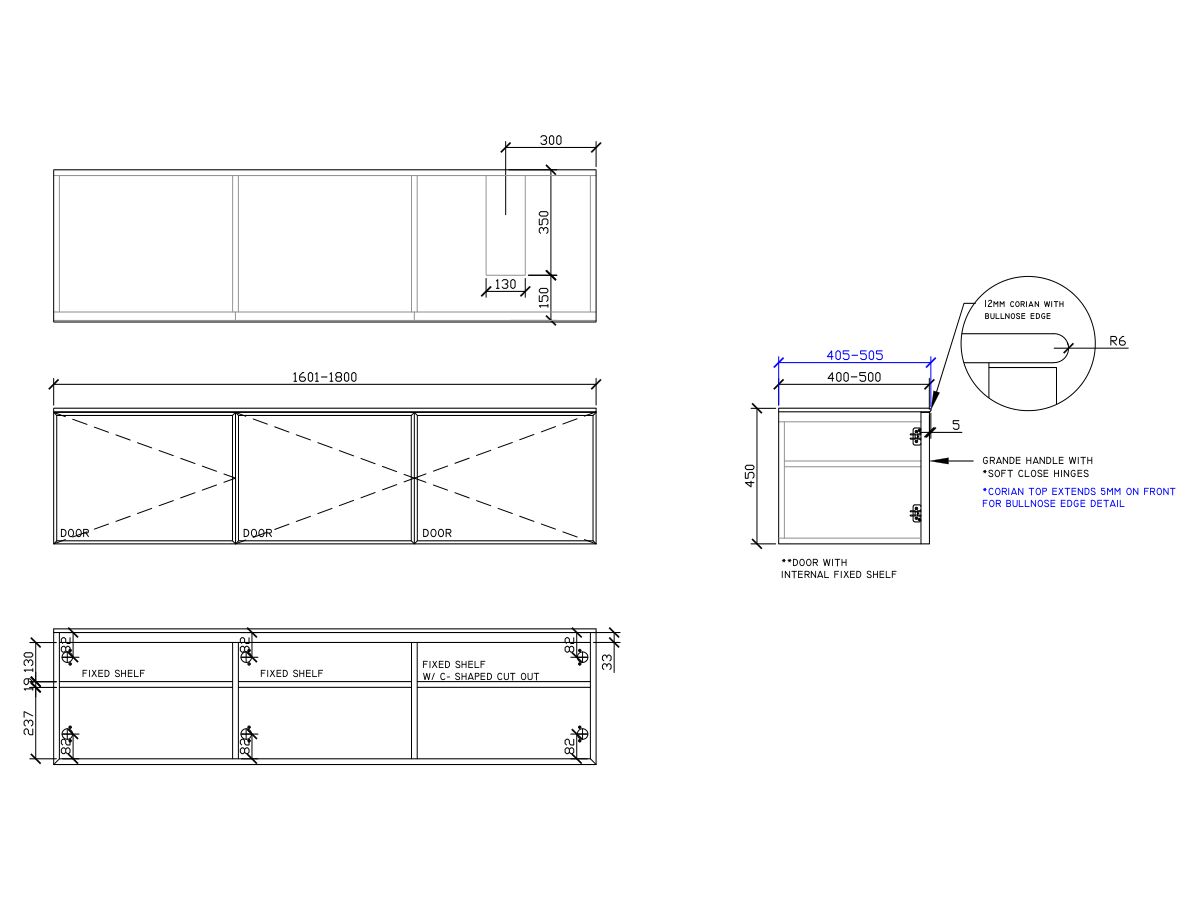 ISSY Adorn Above Counter / Semi Inset Wall Hung Vanity Unit with Three Doors & Internal Shelf with Grande Handle 1601-1800mm x 400-500mm x 450mm OFFSET RIGHT (CENTRE LEFT)