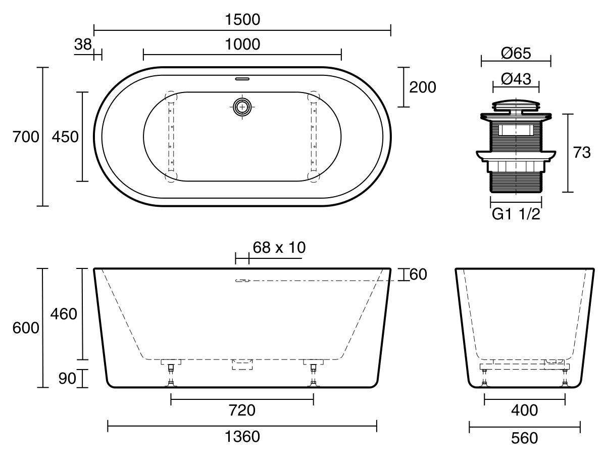 Posh Solus Freestanding Bath with Overflow 1500 x 700 x 600mm White