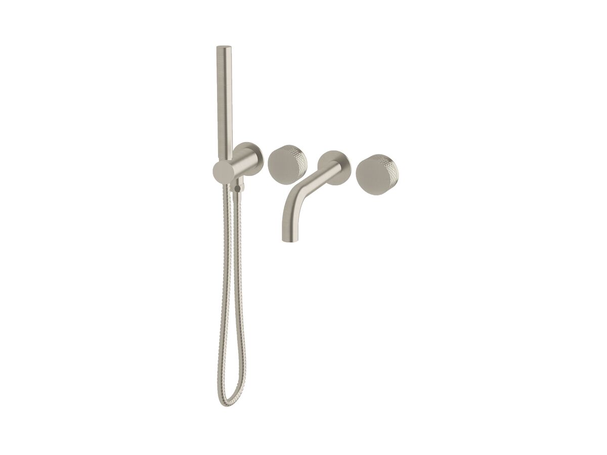 Milli Pure Progressive Bath Mixer Tap System 160mm with Hand Shower Right Hand and Diamond Textured Handles Brushed Nickel (3 Star)