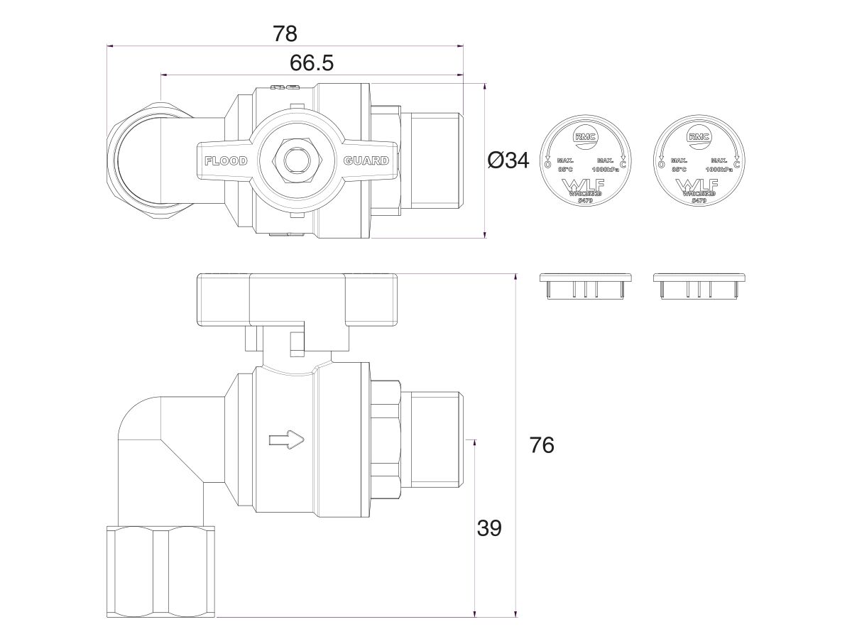 Technical Drawing - Floodguard 15mm Right Angle Isolation Valve Lead Free