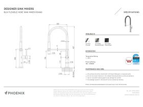 Specification Sheet - Phoenix Blix Flexible Hose Sink Mixer Round Matte Black
