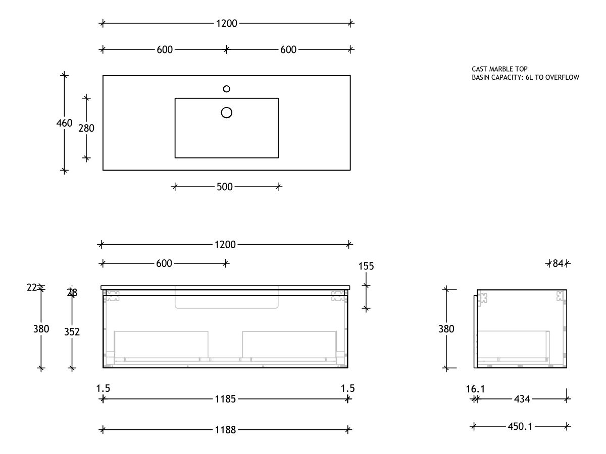 Posh Domaine Plus AllDrawer 1200mm Single Bowl Basin Wall Hung Vanity