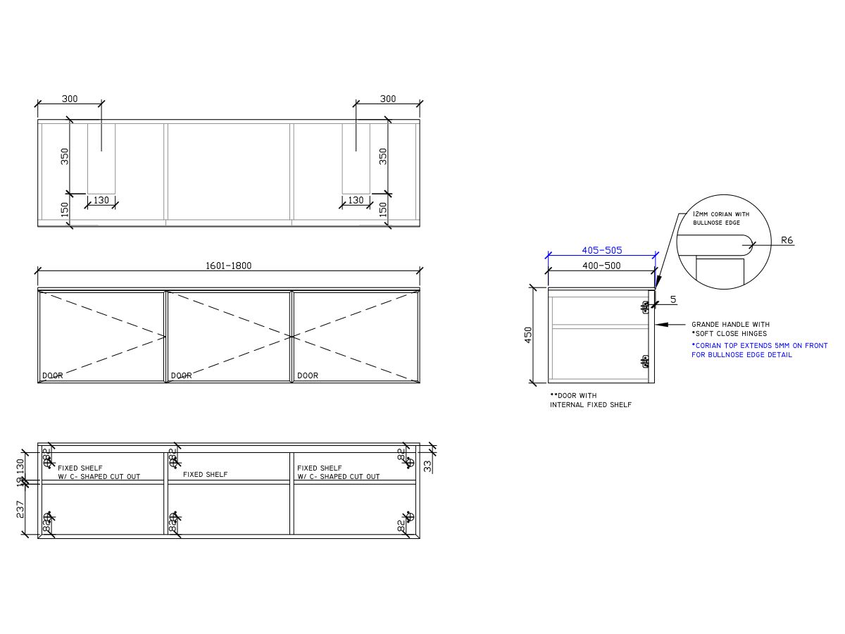 ISSY Adorn Above Counter / Semi Inset Wall Hung Vanity Unit with Three Doors & Internal Shelf with Grande Handle 1601-1800mm x 400-500mm x 450mm DOUBLE (CENTRE RIGHT)