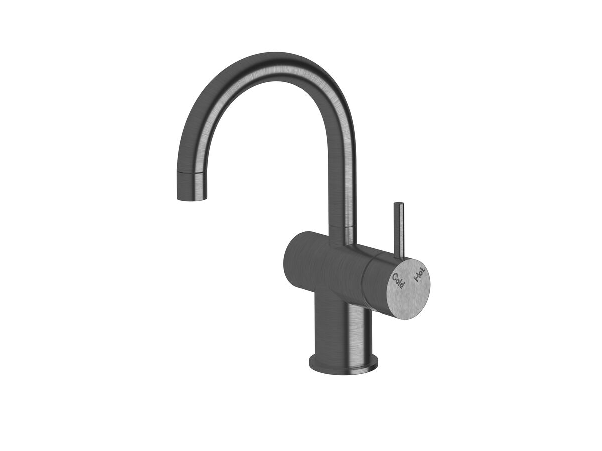 Scala Basin / Sink Mixer Tap Small Curved Spout Right Hand LUX PVD Brushed Smoke Gunmetal (4 Star)
