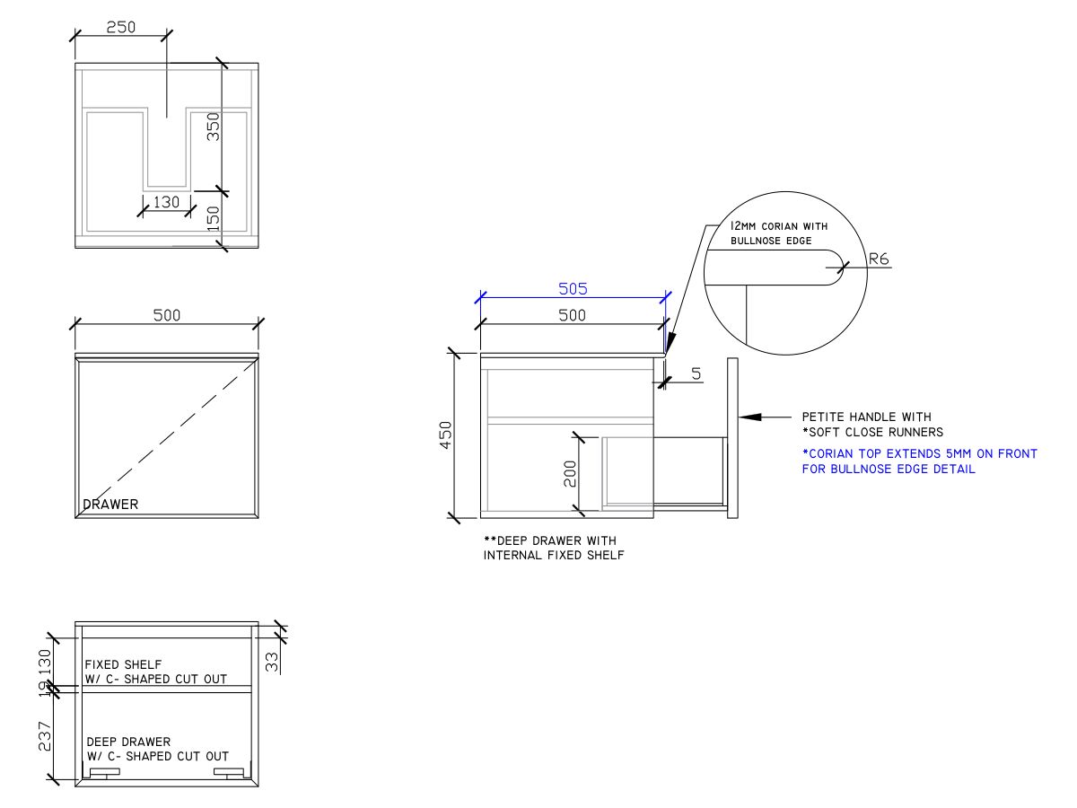 ISSY Adorn Above Counter / Semi Inset Wall Hung Vanity Unit with One Drawer & Internal Shelf with Petite Handle 500mm x 500mm x 450mm CENTER