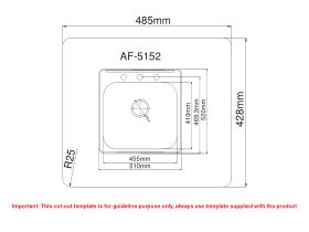 Cut Out Template - AFA Infinity Outdoor Inset Square Sink 1 Taphole 510mm Stainless Steel