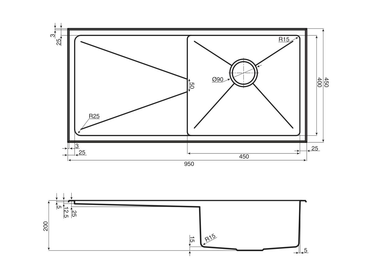 AFA Exact Single Bowl Inset/Undermount Right Hand Bowl Sink No Taphole 950mm Stainless Steel
