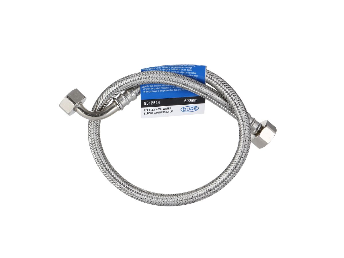 Dura Pex Flex Hose Water with Elbow 600mm Stainless Steel Low-Temp Lead Free