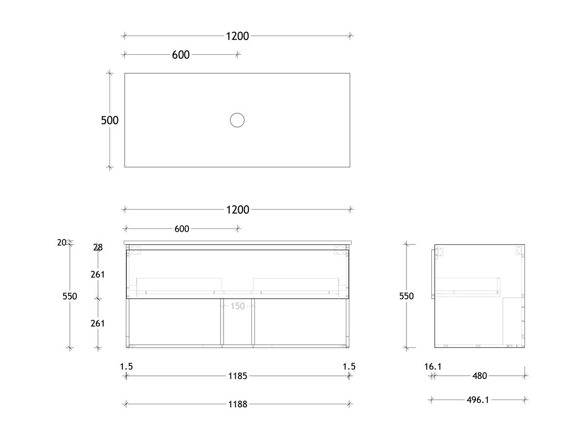 Posh Domaine & Plus All Drawer Shelf Vanity Unit 1200 Friday