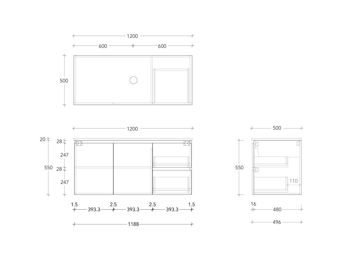 Technical Drawing - Posh Domaine Conventional 1200mm Wall Hung Vanity Centre Basin 20mm Top