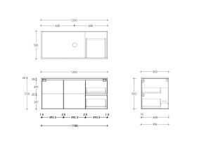 Technical Drawing - Posh Domaine Conventional 1200mm Wall Hung Vanity Centre Basin 20mm Top
