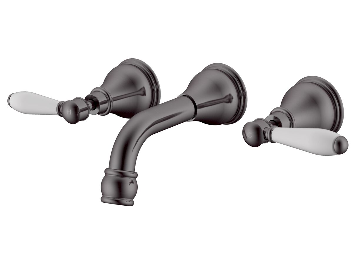 Milli Voir Wall Bath Set Lever Handle 150mm with Porcelain Handles Brushed Gunmetal