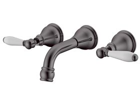 Milli Voir Wall Bath Set Lever Handle 150mm with Porcelain Handles Brushed Gunmetal