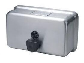 Wall Mounted Horizontal Soap Dispenser With Black Push Button 1.2 Litre Satin Stainless Steel