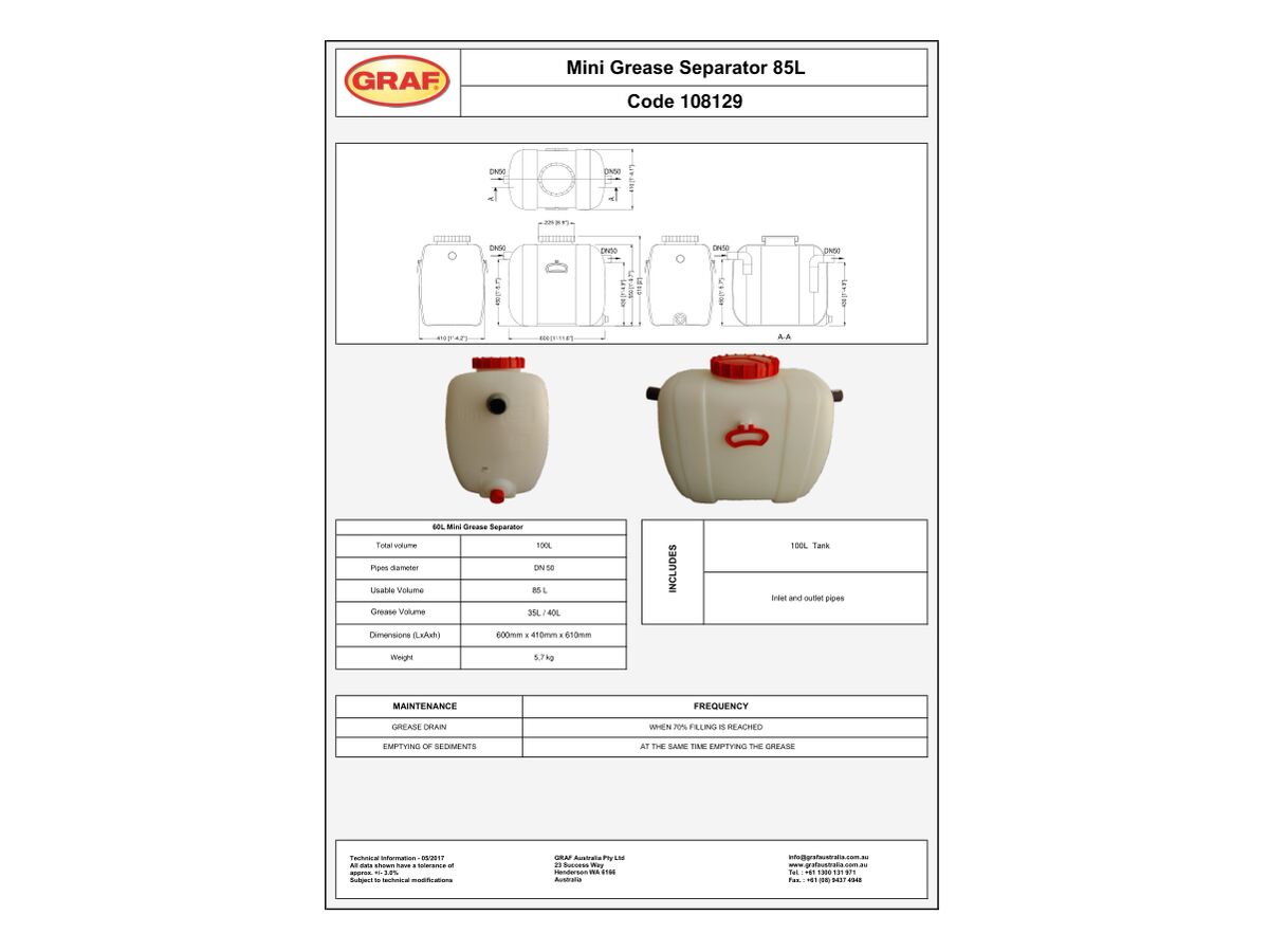 Specification Sheet - Graf Under Sink Grease Trap 85ltr