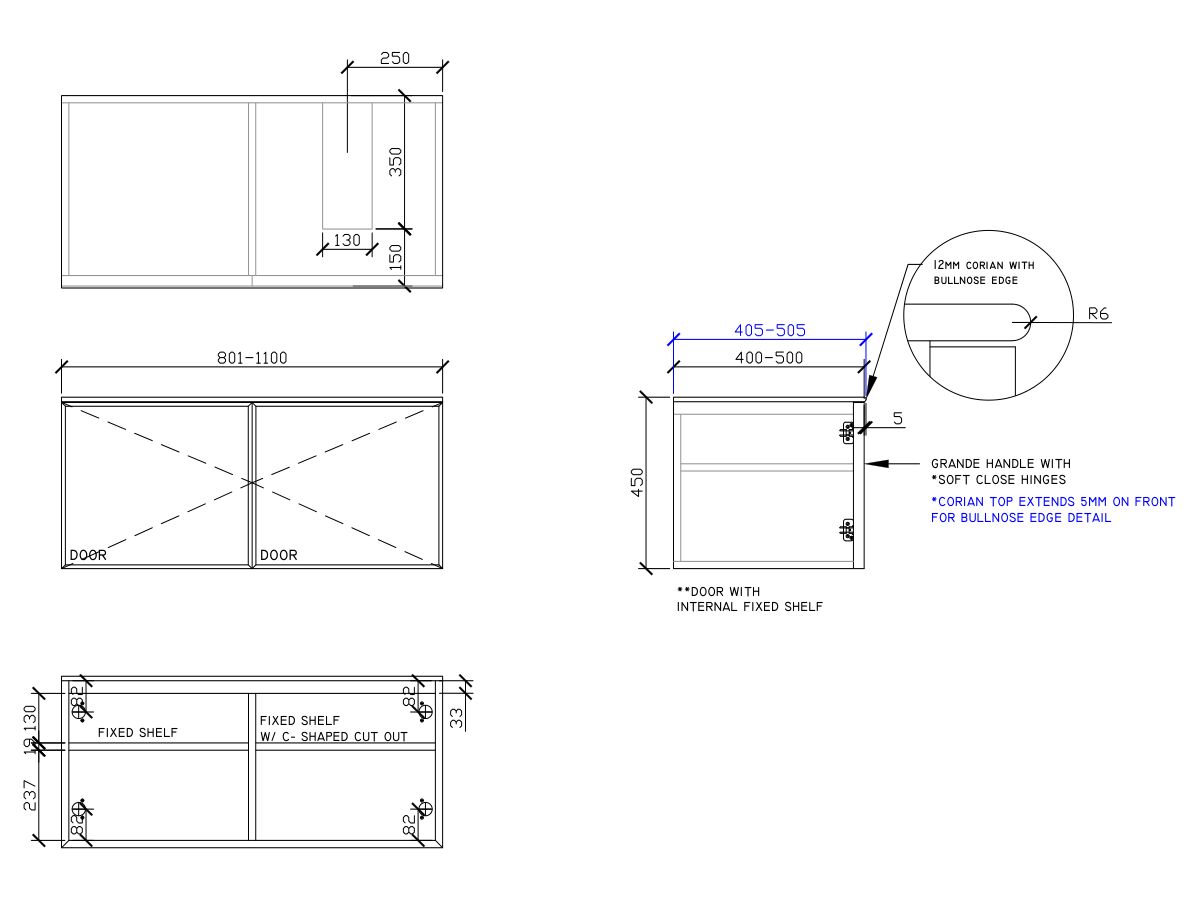 ISSY Adorn Above Counter / Semi Inset Wall Hung Vanity Unit with Two Doors & Internal Shelf with Grande Handle 801-1100mm x 400-500mm x 450mm OFFSET RIGHT (OPENS BOTH SIDES)