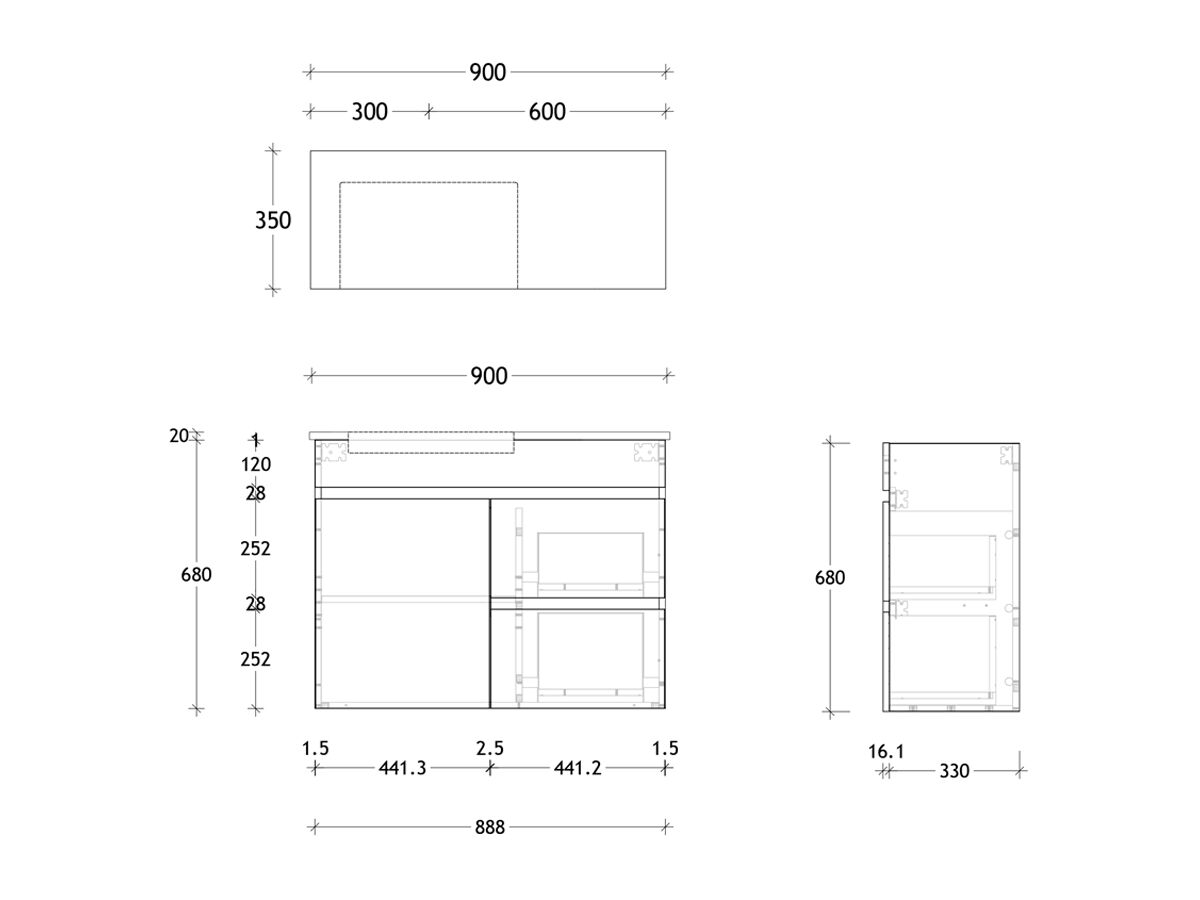 Technical Drawing - Posh Domaine Semi-Recessed 900mm Wall Hung Vanity Left Hand Basin 20mm Top