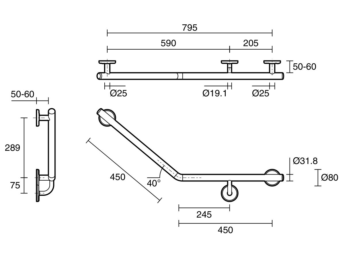 Mizu Drift 450 x 450 x 40 Degree Ambulant Toilet Grab Rail Right Hand