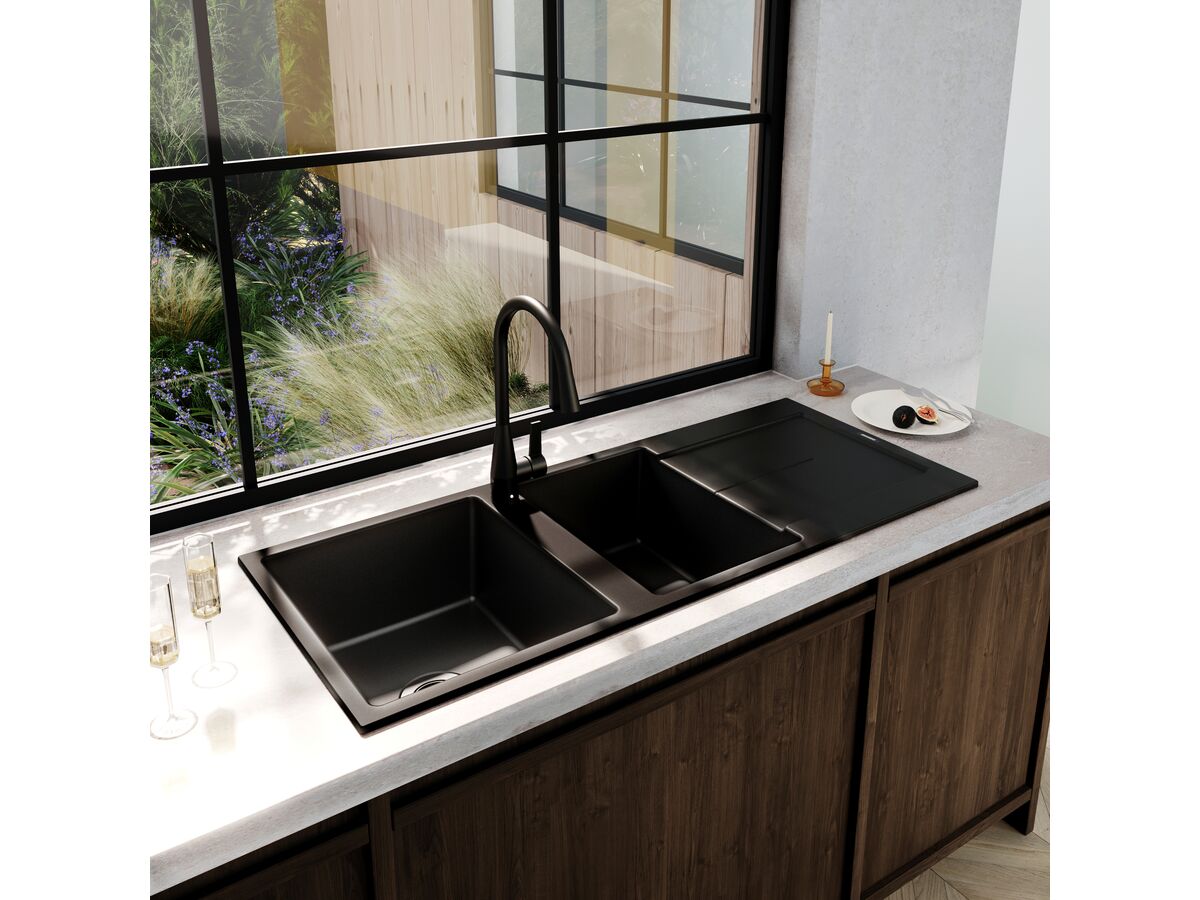 Memo Freya 1 3/4 Sink 1 Taphole Left Hand Bowl with Drainer Granite Black