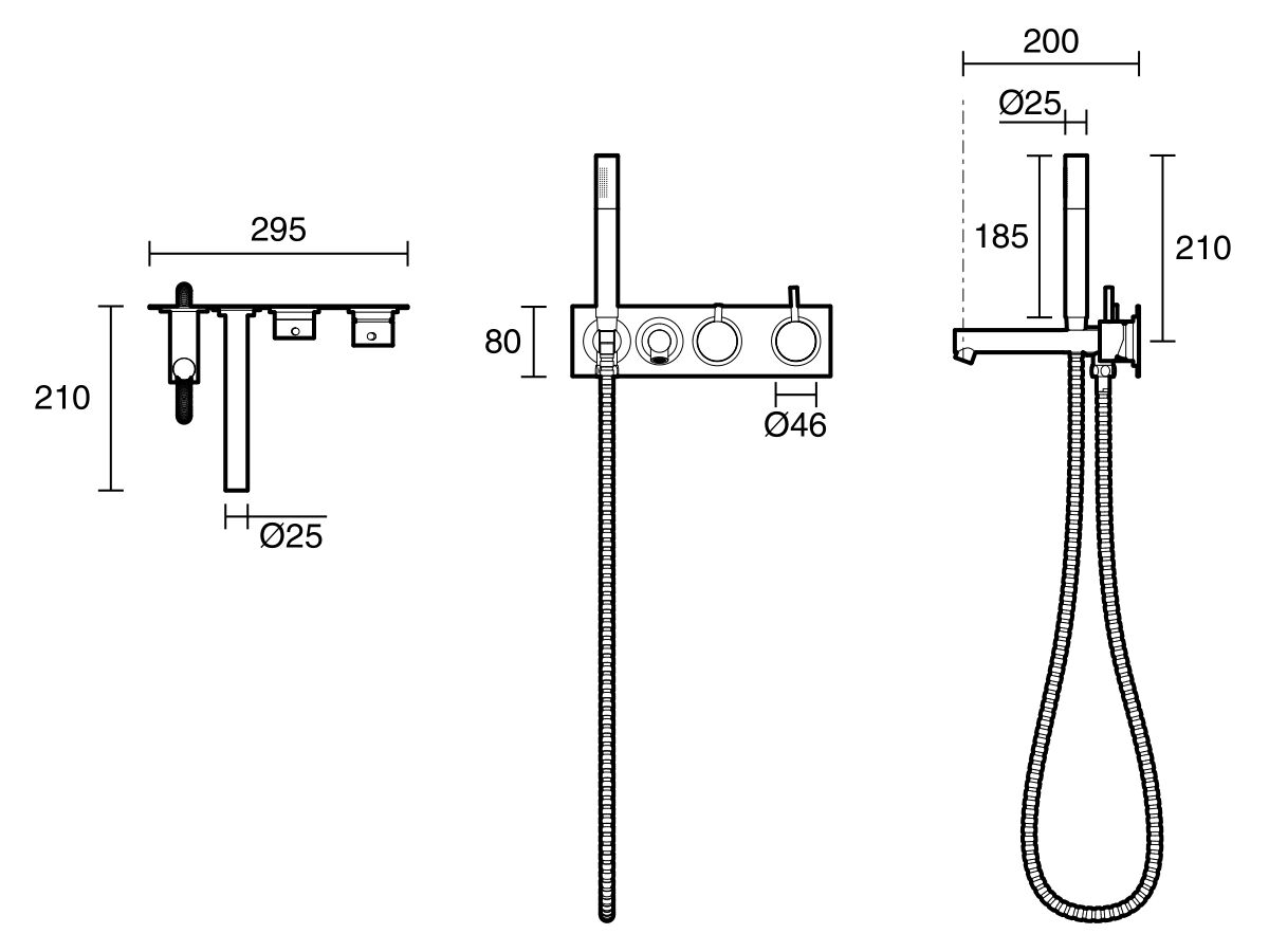 Technical Drawing - Scala Bath Mixer Tap-Diverter System 200mm Outlet Right Hand Operation