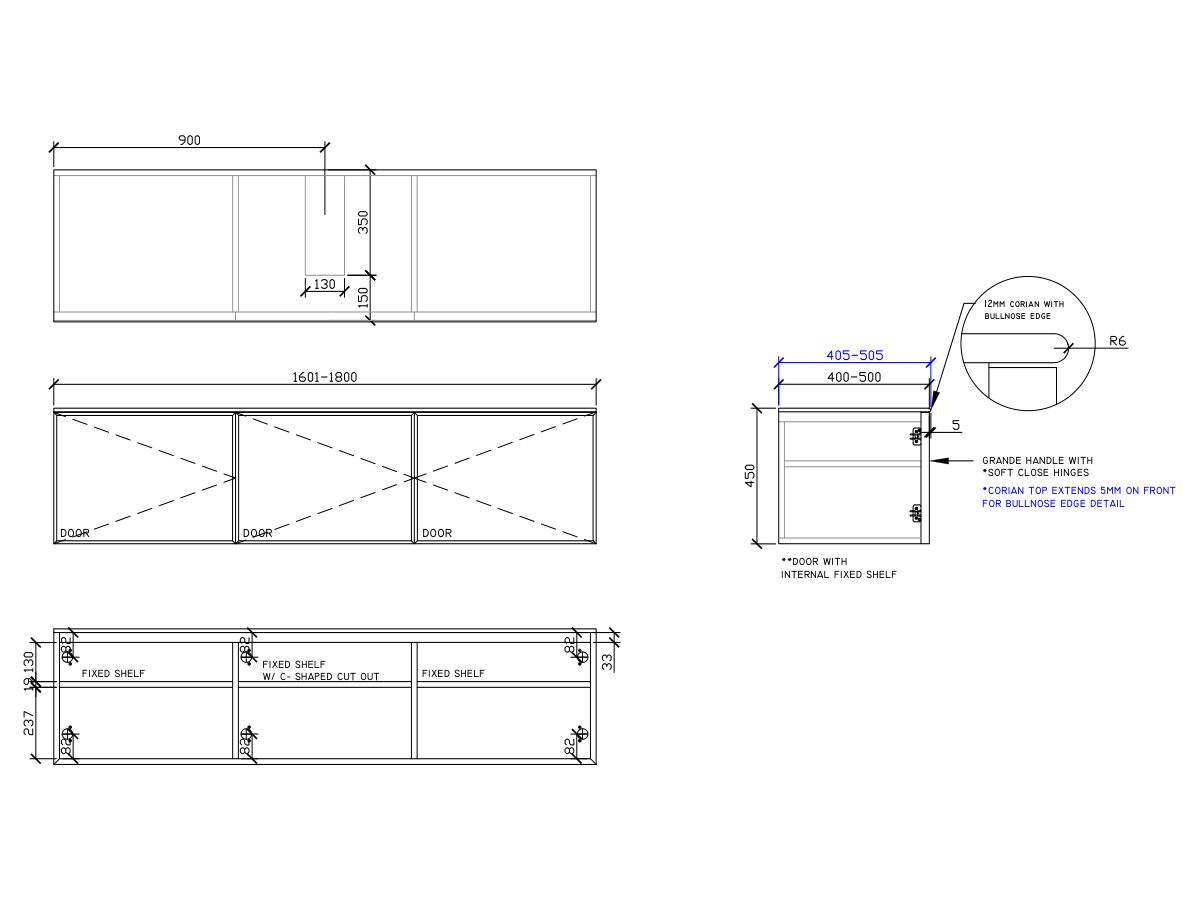 ISSY Adorn Above Counter / Semi Inset Wall Hung Vanity Unit with Three Doors & Internal Shelf with Grande Handle 1601-1800mm x 400-500mm x 450mm CENTERED (CENTRE LEFT)