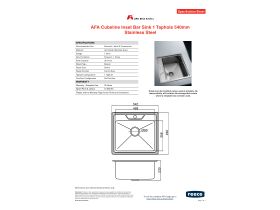 Specification Sheet - AFA Cubeline Inset Bar Sink 1 Taphole 542mm Stainless Steel