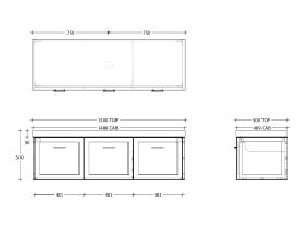 Kado Lux Door Vanity Unit Wall Hung 1500 Centre Bowl Statement Top 3 Doors (No Basin)