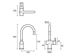 Technical Drawing - Scala Mini Basin-Sink Mixer Tap Small Curved Right Hand