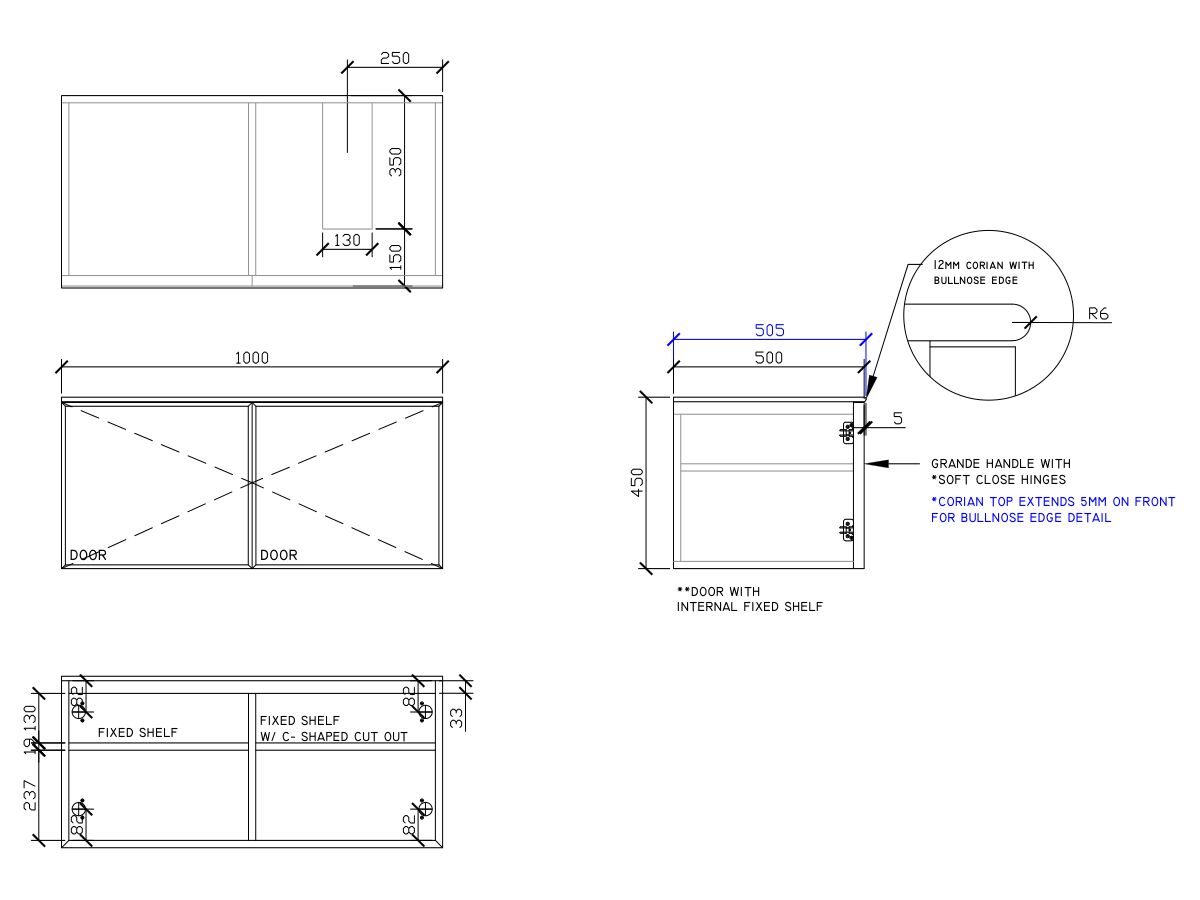 ISSY Adorn Above Counter / Semi Inset Wall Hung Vanity Unit with Two Doors & Internal Shelves with Grande Handle 1000mm x 500mm x 450mm OFFSET RIGHT (OPENS BOTH SIDES)