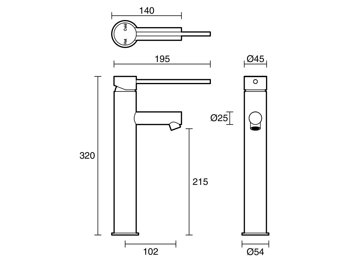 Technical Drawing - Scala Extended Basin Mixer Tap with 150mm Extension Pin