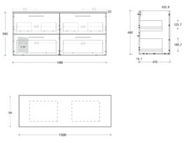 ADP Essence MKII Double Vanity Unit All Draw Wall Hung 4 Draw No Basin 1500mm