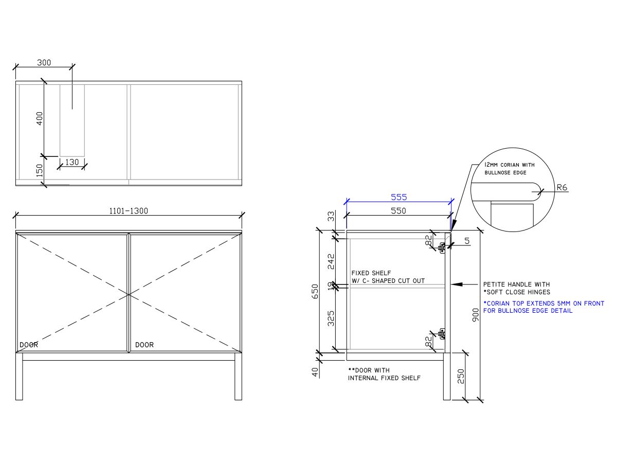 ISSY Adorn Undermount Vanity Unit with Legs Two Doors & Internal Shelves with Petite Handle 1101-1300mm x 550mm x 900mm OFFSET LEFT (OPENS BOTH SIDES)