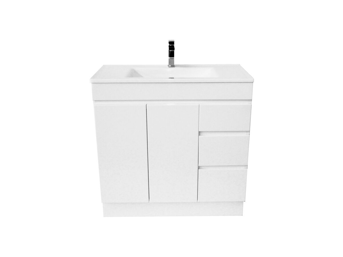 Espire Single Bowl Vanity Unit with Kick Wave Top 2 Door and 3 Drawer 910mm White