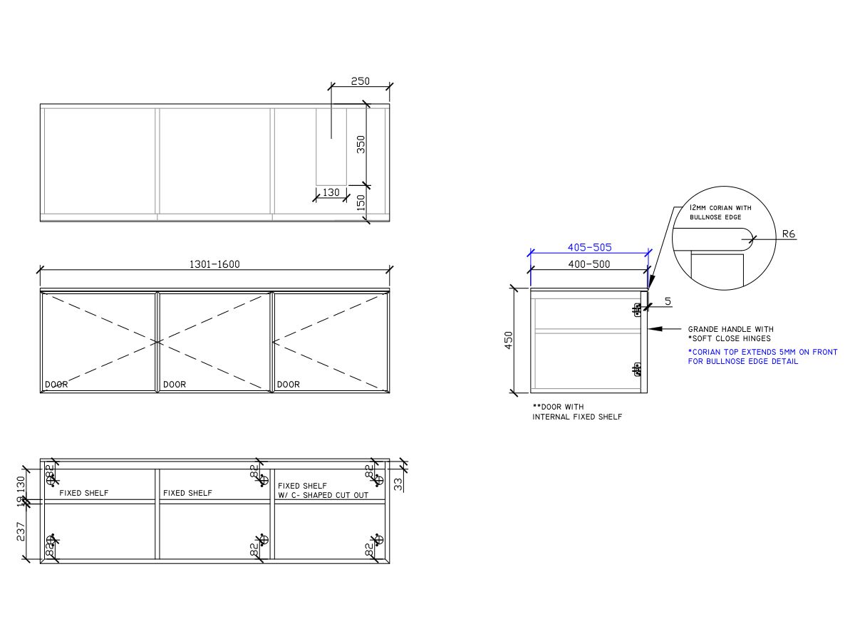 ISSY Adorn Above Counter / Semi Inset Wall Hung Vanity Unit with Three Doors & Internal Shelf with Grande Handle 1301-1600mm x 400-500mm x 450mm OFFSET RIGHT (CENTRE RIGHT)
