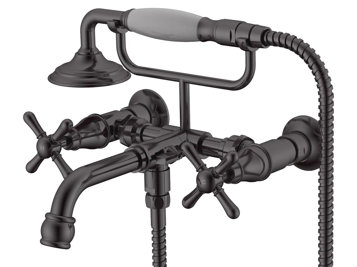 Milli Voir Wall Mounted Telephone Bath Set Cross Handles Brushed Gunmetal (3 Star)