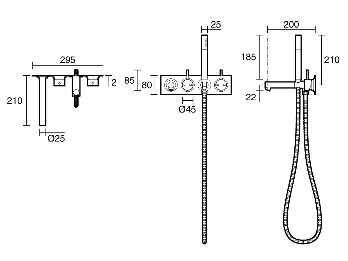 Scala Bath Mixer Tap System Straight 200mm Outlet Right Hand Operation with Handshower LUX PVD