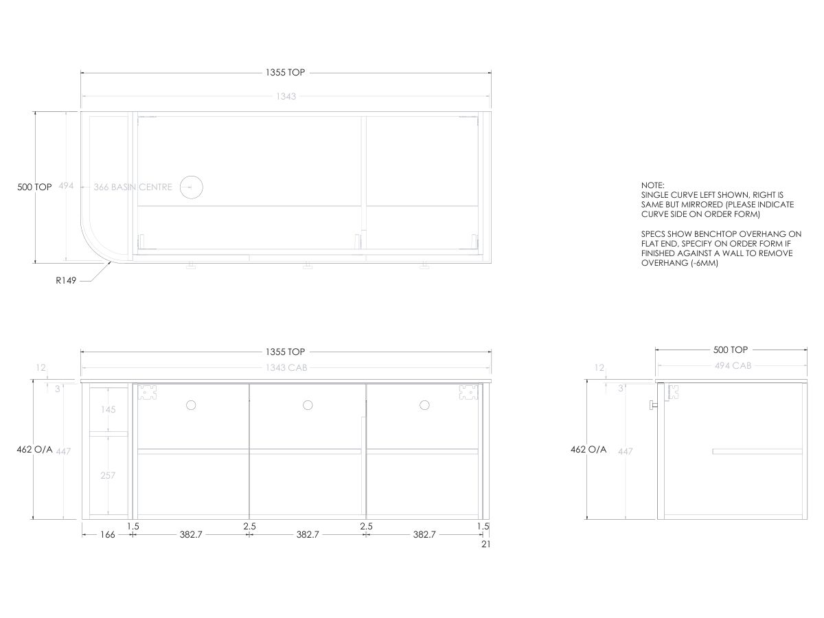 Kado Era 12mm Durasein Top Single Curve All Door 1350mm Wall Hung Vanity with Left Hand Basin