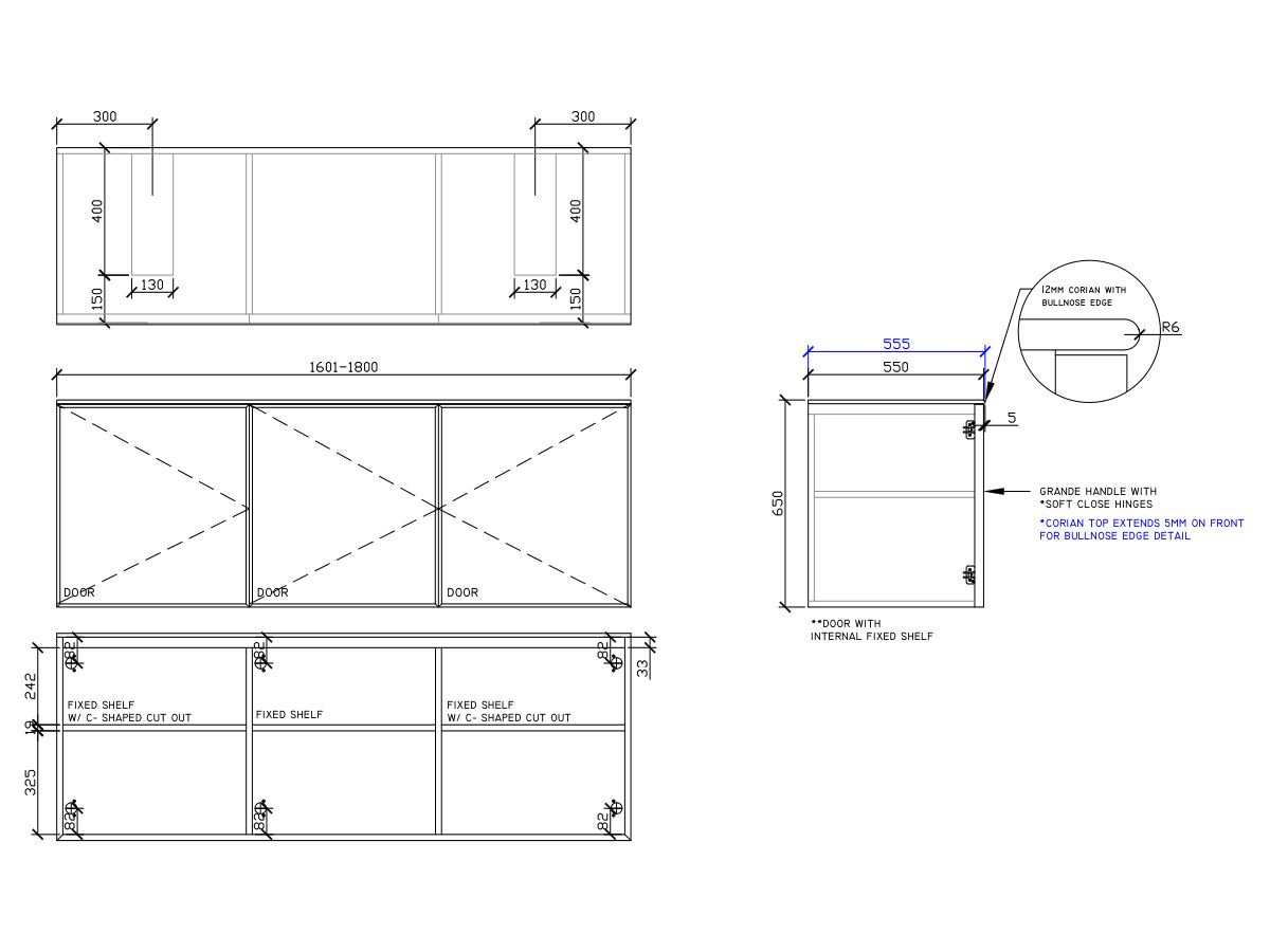 ISSY Adorn Undermount Wall Hung Vanity Unit with Three Doors & Internal Shelf with Grande Handle 1601-1800mm x 550mm x 650mm DOUBLE (CENTRE LEFT)