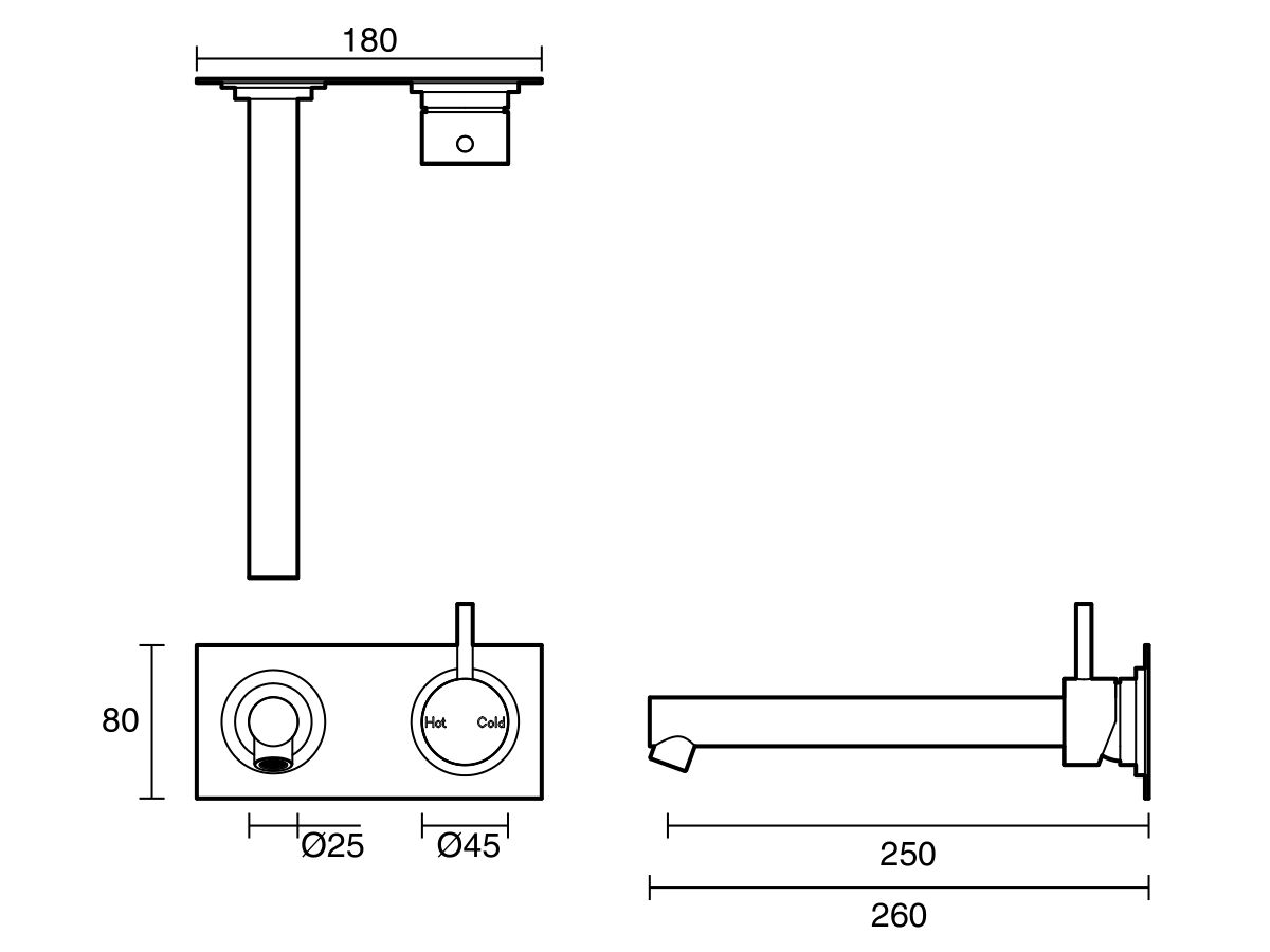 Technical Drawing - Scala Bath Mixer Tap Outlet System Straight 250mm Right Hand Operation