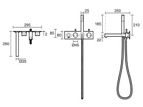 Technical Drawing - Scala Bath Mixer Tap System Straight 250mm Outlet Right Hand Operation with Handshower