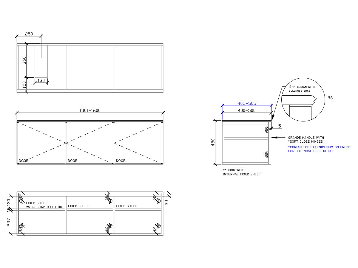 ISSY Adorn Above Counter / Semi Inset Wall Hung Vanity Unit with Three Doors & Internal Shelf with Grande Handle 1301-1600mm x 400-500mm x 450mm OFFSET LEFT (CENTRE RIGHT)