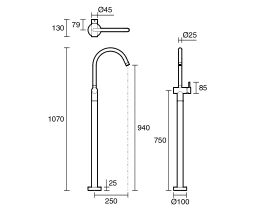 Technical Drawing - Scala Floor Mounted Bath Mixer Tap Curved Outlet
