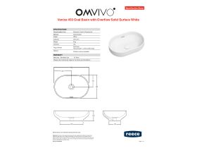 Specification Sheet - Omvivo Venice Compact 450 Counter Basin Oval with Overflow Solid Surface White