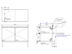 Technical Drawing - ISSY Adorn Undermount Vanity Unit with Legs Two Doors & Internal Shelves with Petite Handle 1200mm x 550mm x 900mm OFFSET LEFT (OPENS BOTH SIDES)