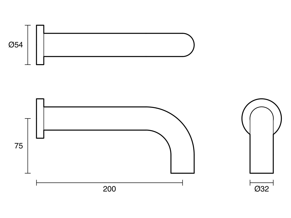 Technical Drawing - Scala 32mm Curved Wall Bath Outlet 200mm