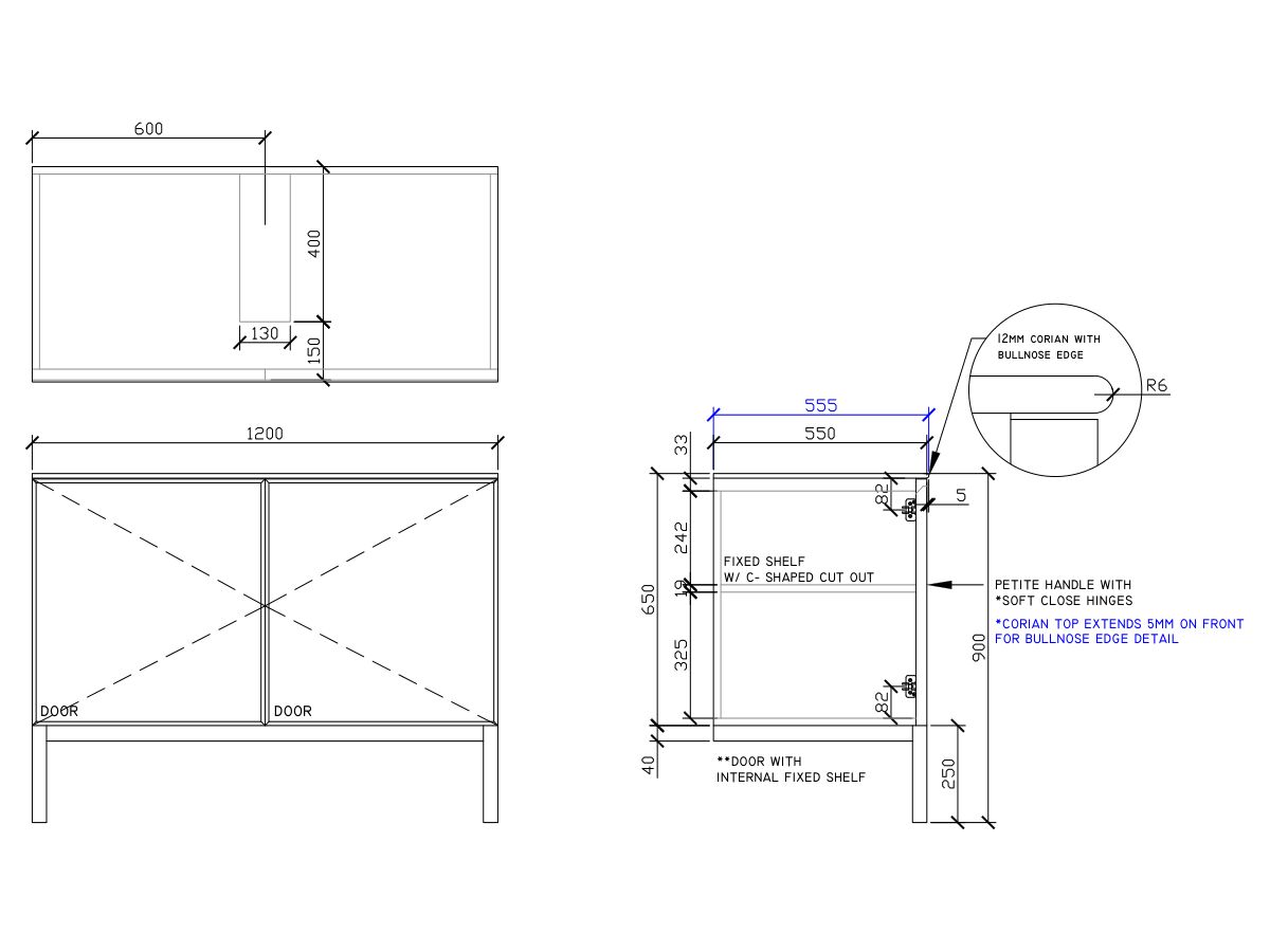 ISSY Adorn Undermount Vanity Unit with Legs Two Doors & Internal Shelves with Petite Handle 1200mm x 550mm x 900mm CENTERED (OPENS BOTH SIDES)