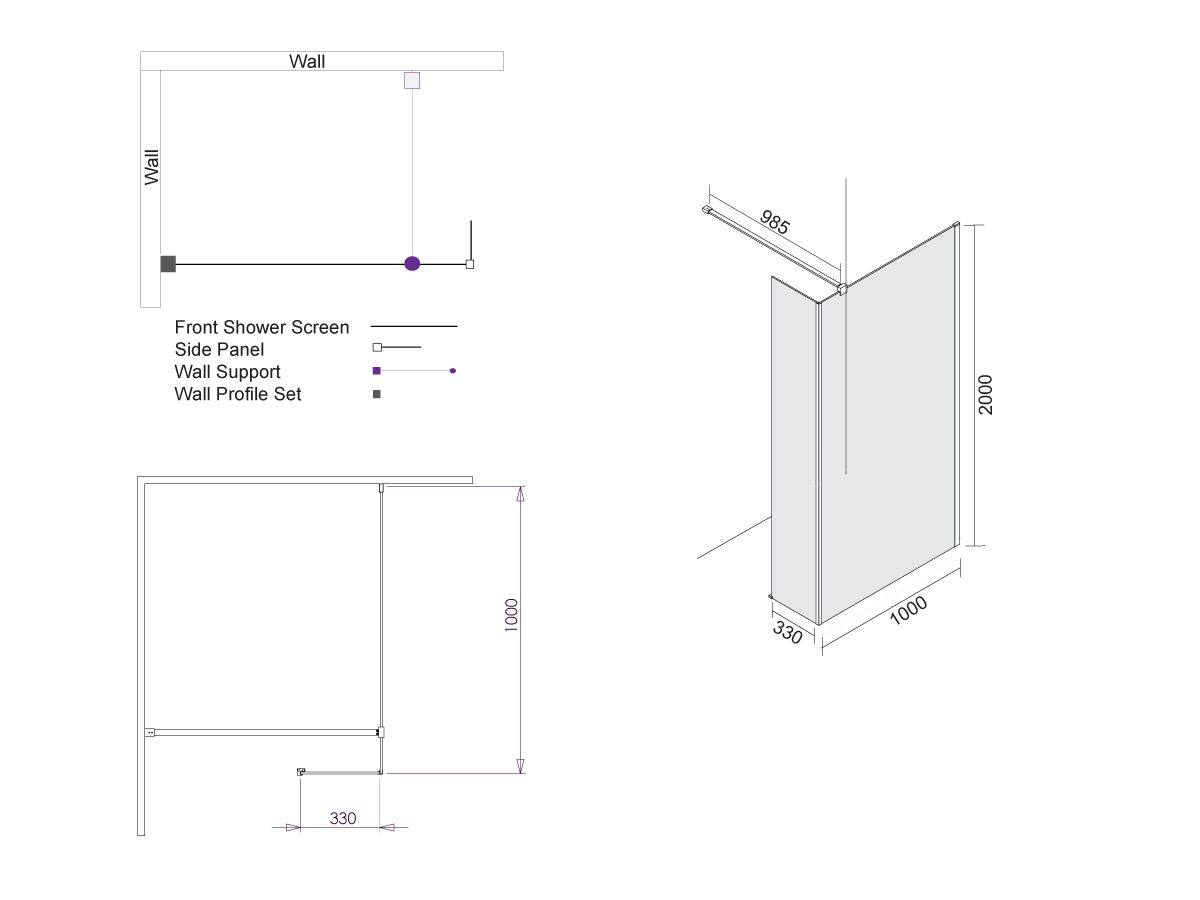Kado Lux Fixed Shower Screen Panel with Slide Panel and Wall Support 1000mm Chrome