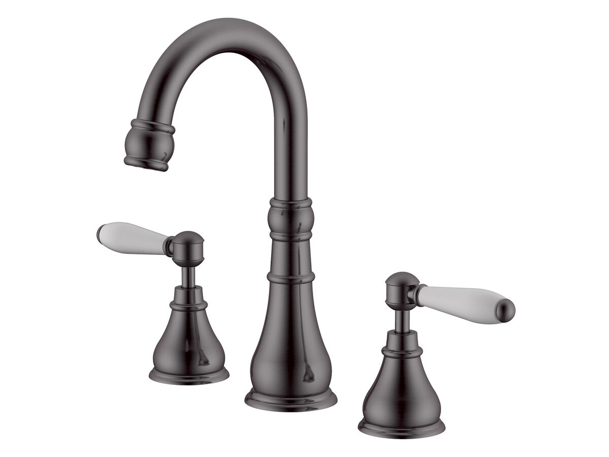 Milli Voir Basin Set Lever Handle with Porcelain Handles Brushed Gunmetal (5 Star)