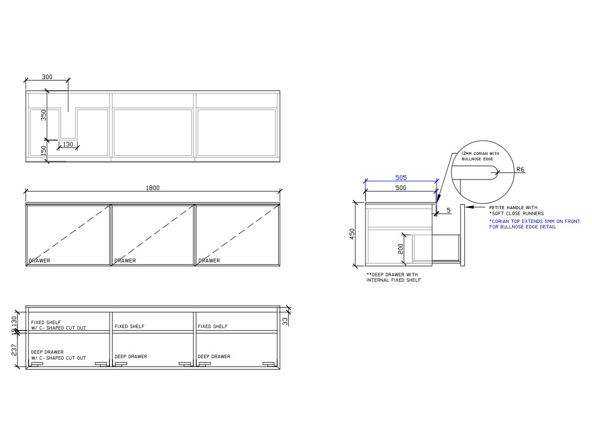 ISSY Adorn Above Counter / Semi Inset Wall Hung Vanity Unit with Three Drawers & Internal Shelves with Petite Handle 1800mm x 500mm x 450mm OFFSET LEFT