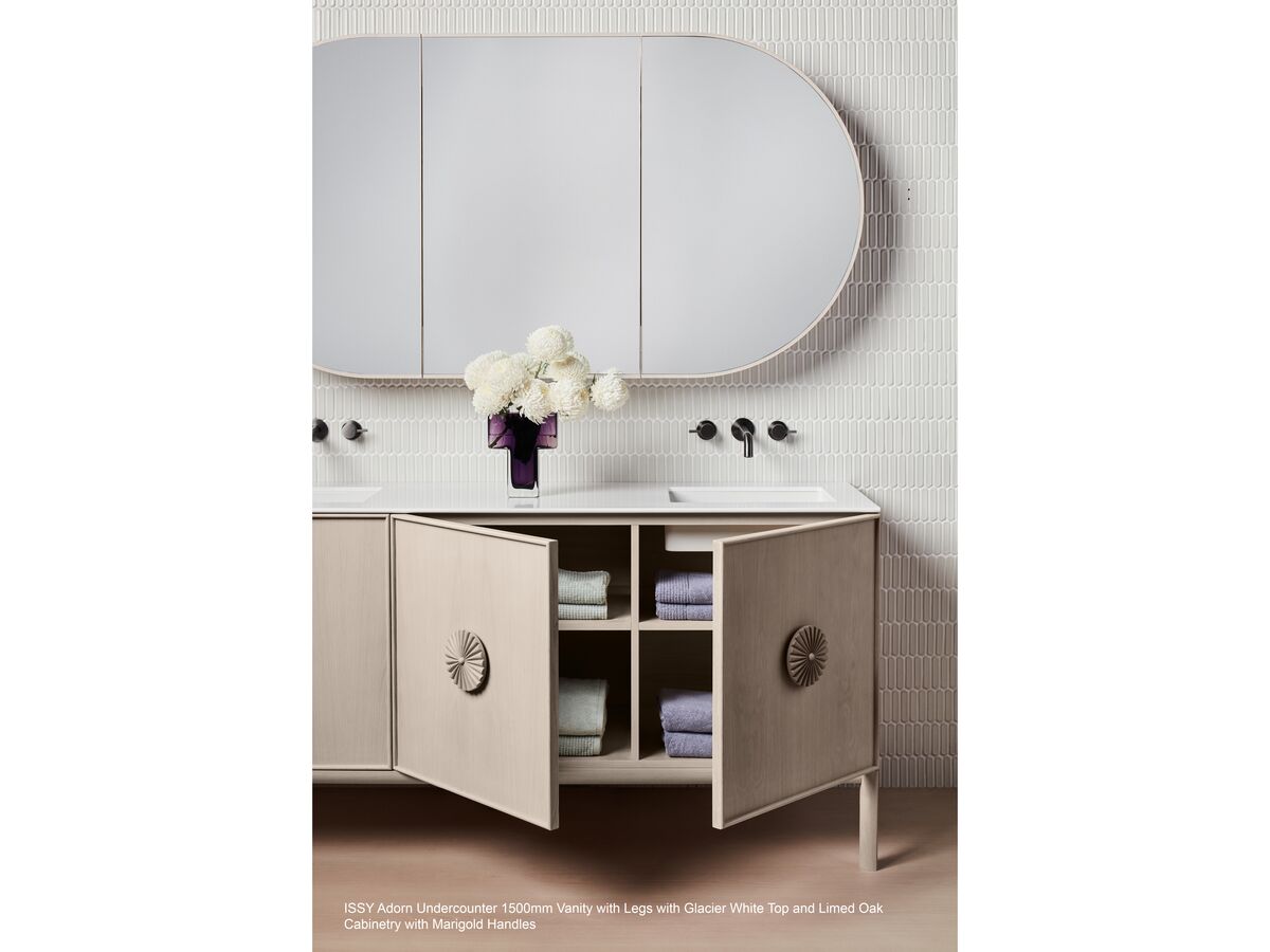 In Situ - Adorn 4 vanity with Rosette handle and Halo shaving cabinet landscape - Limed Oak